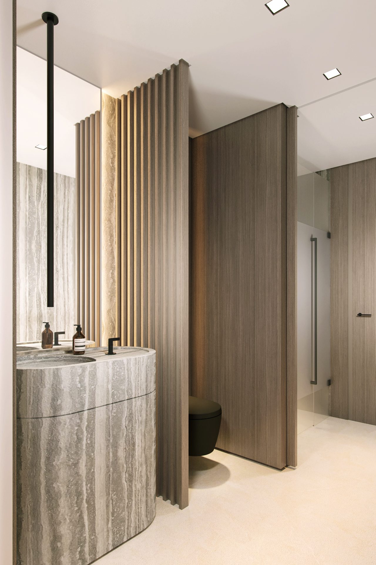 Powder room with a curved stone basin behind a slatted oak screen
