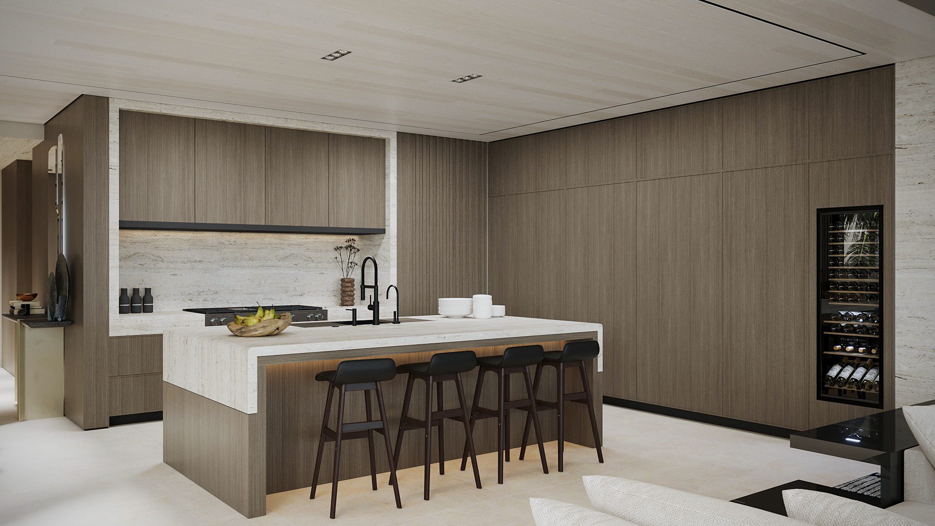 Kitchen island in stone with wine storage and counter seating