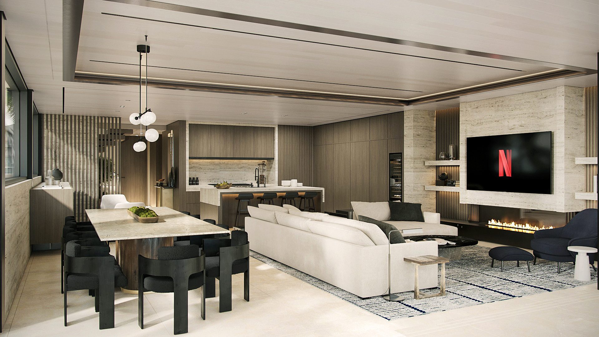 Open living and dining room with linear fireplace and pale oak paneling