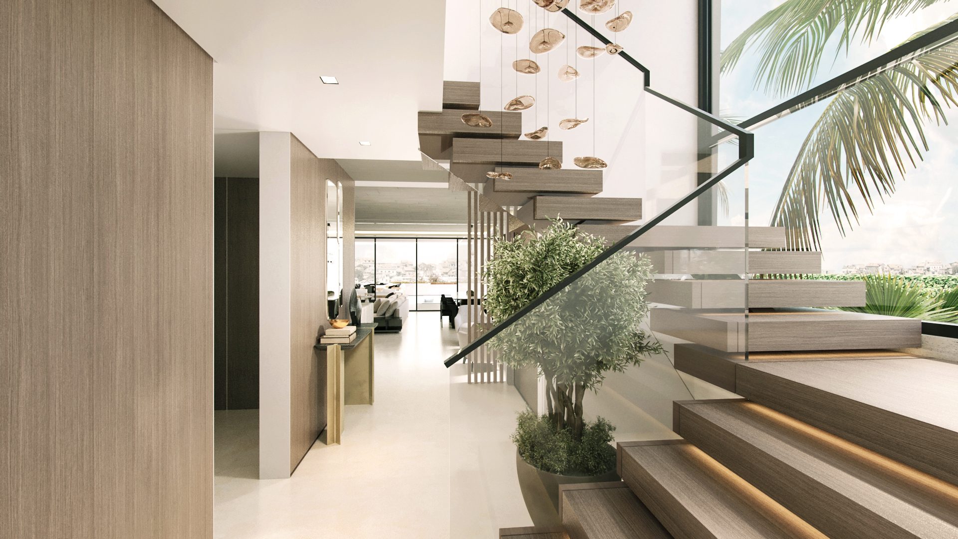 Floating stair with illuminated treads and a sculptural pendant