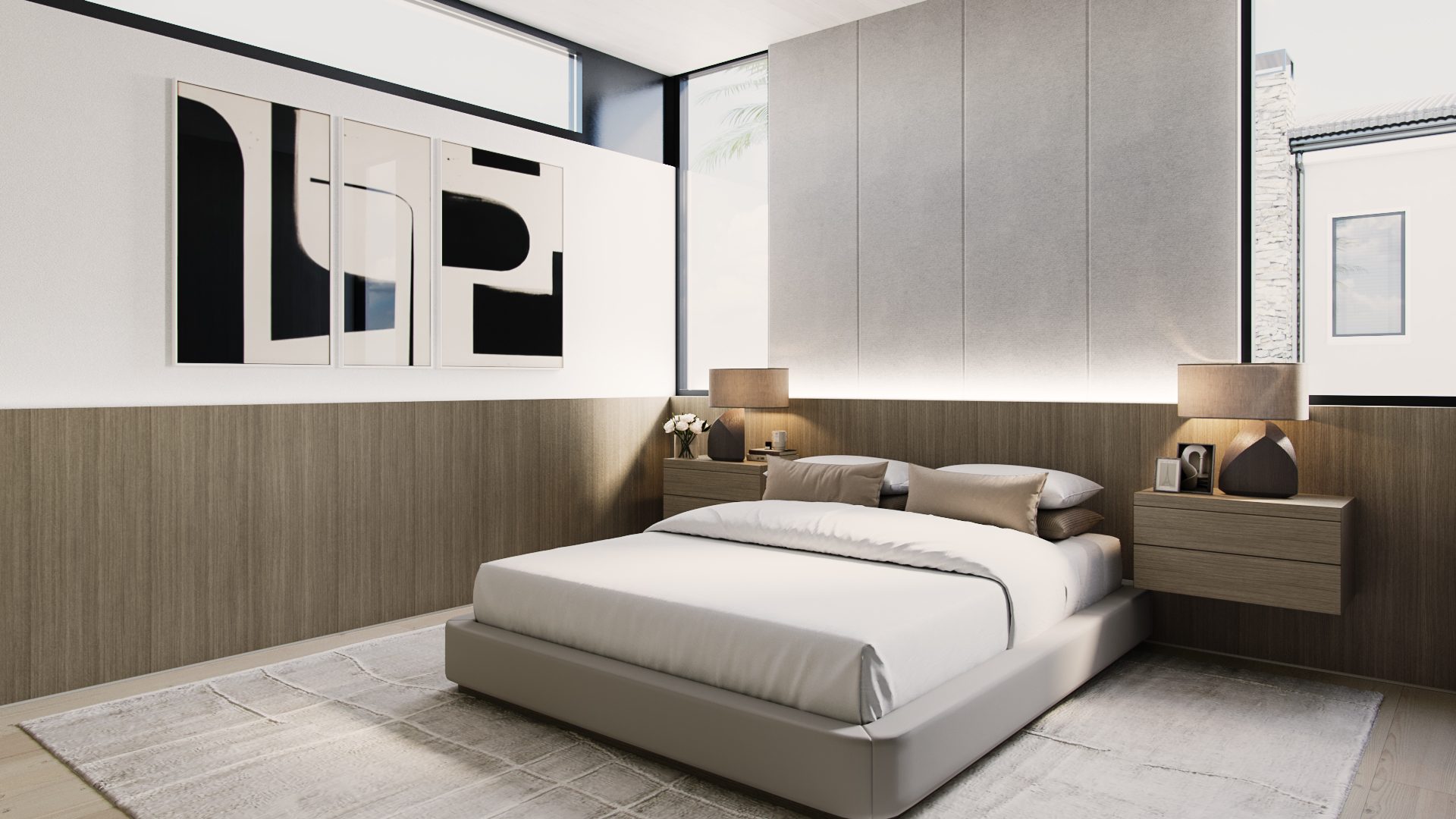 Guest bedroom in soft greys with graphic art above the bed