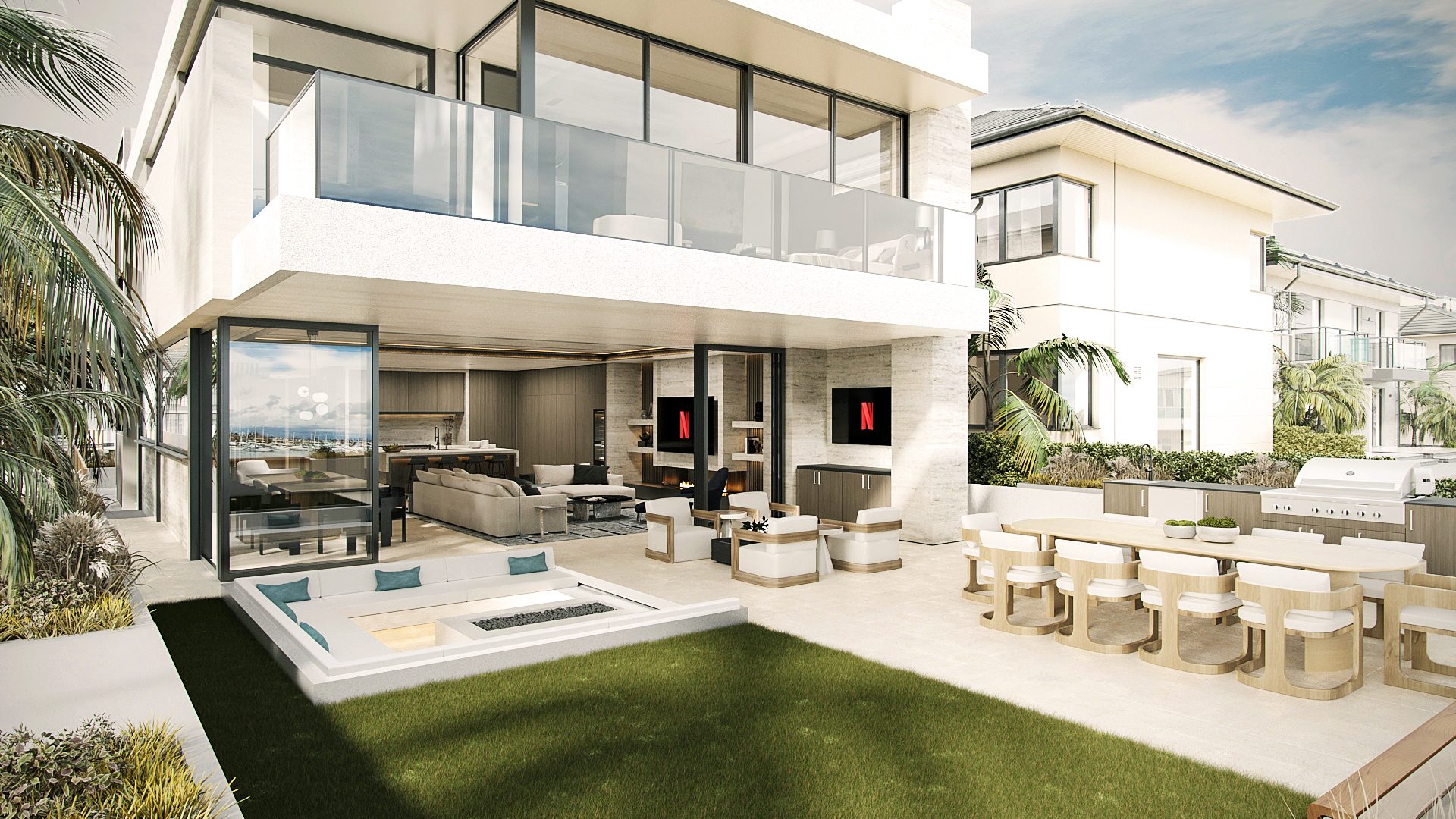 Waterfront elevation with cantilevered terrace, pool, and bay beyond