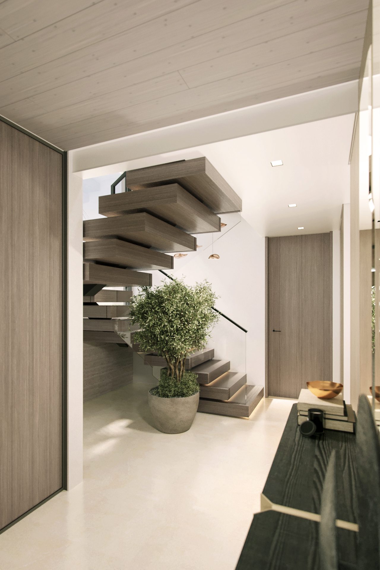 Stair detail with cantilevered treads above a planted niche