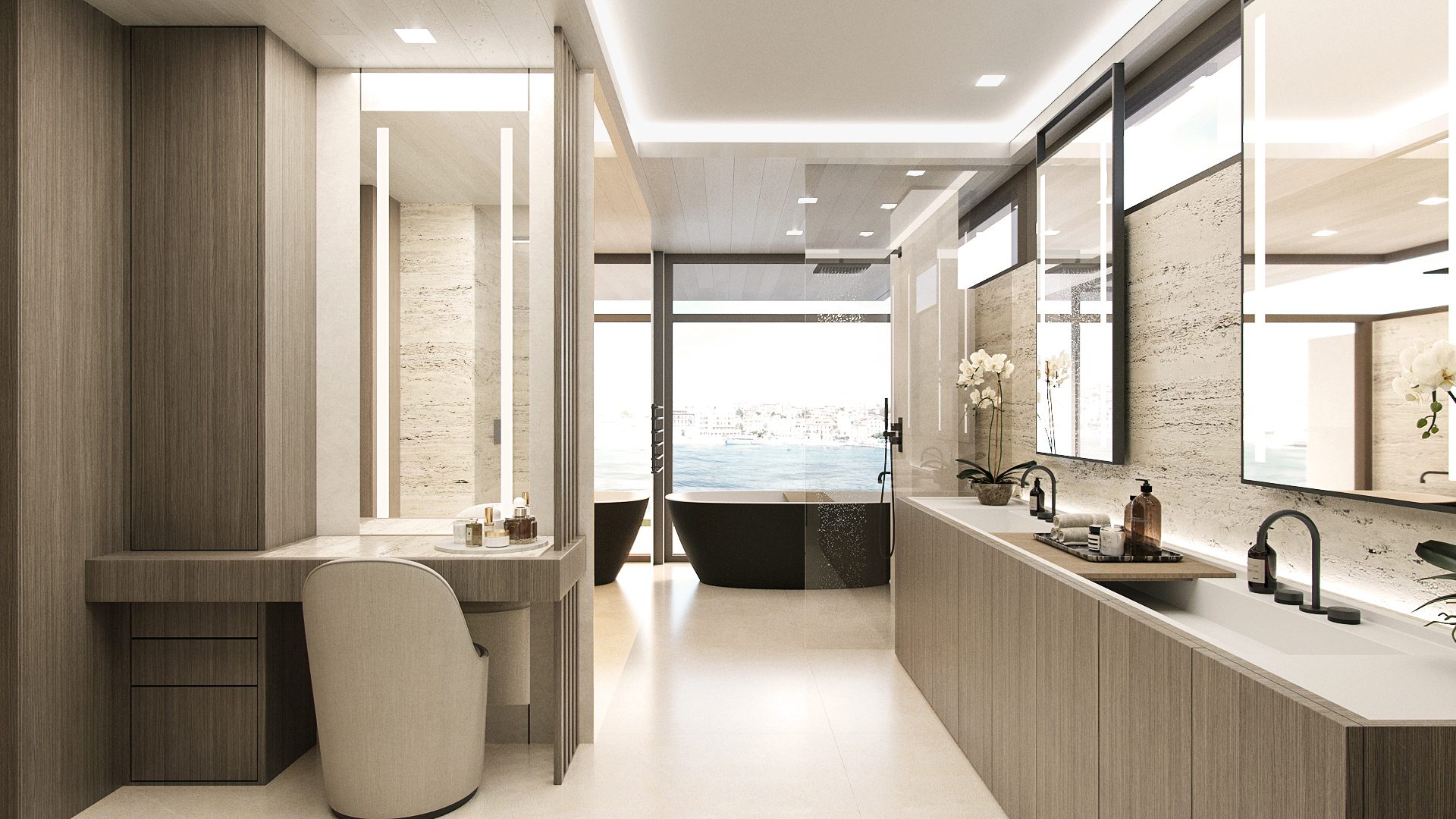Primary bath with travertine walls and a long double vanity